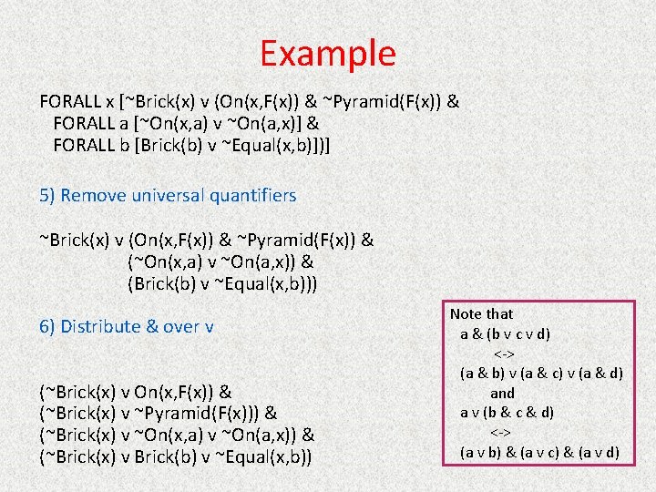 Example FORALL x [~Brick(x) v (On(x, F(x)) & ~Pyramid(F(x)) & FORALL a [~On(x, a)