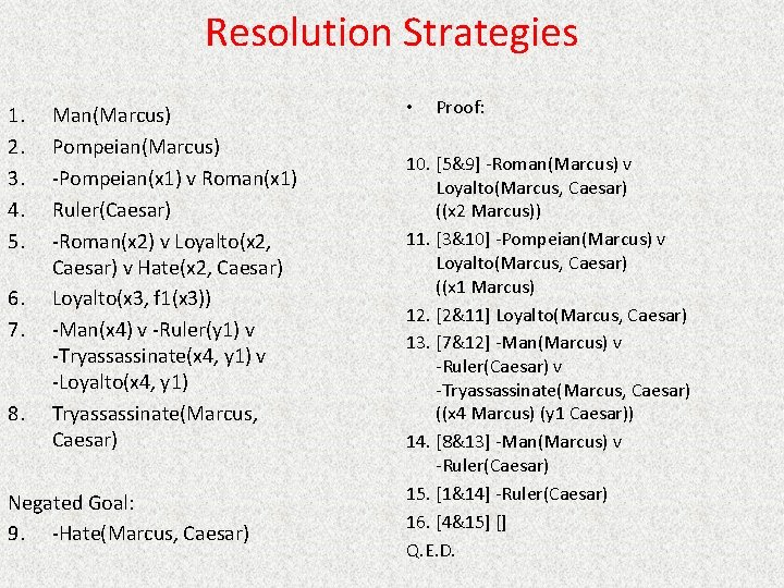 Resolution Strategies 1. 2. 3. 4. 5. 6. 7. 8. Man(Marcus) Pompeian(Marcus) -Pompeian(x 1)