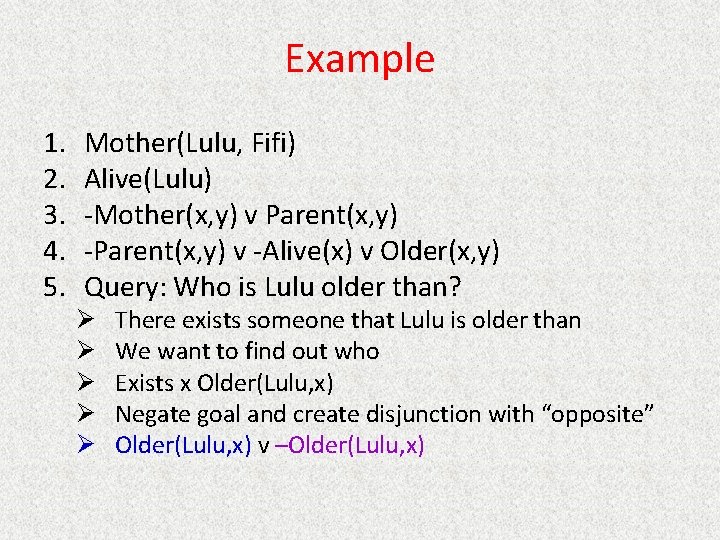 Example 1. 2. 3. 4. 5. Mother(Lulu, Fifi) Alive(Lulu) -Mother(x, y) v Parent(x, y)