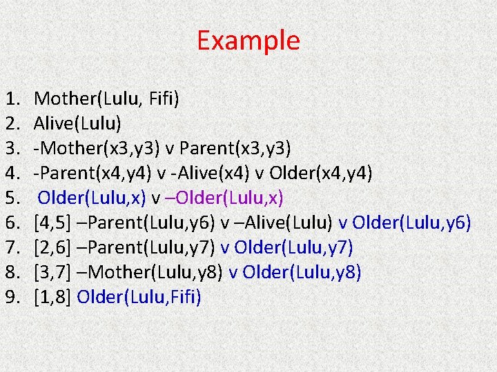 Example 1. 2. 3. 4. 5. 6. 7. 8. 9. Mother(Lulu, Fifi) Alive(Lulu) -Mother(x