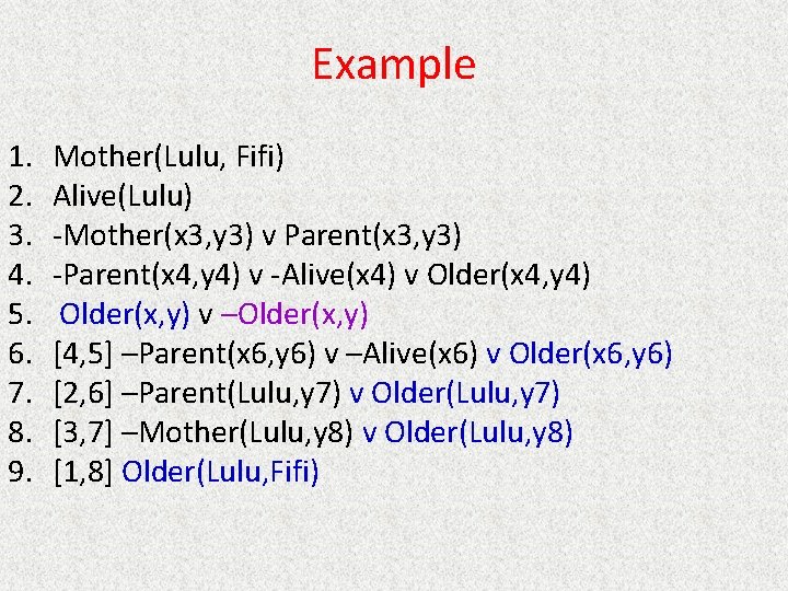 Example 1. 2. 3. 4. 5. 6. 7. 8. 9. Mother(Lulu, Fifi) Alive(Lulu) -Mother(x