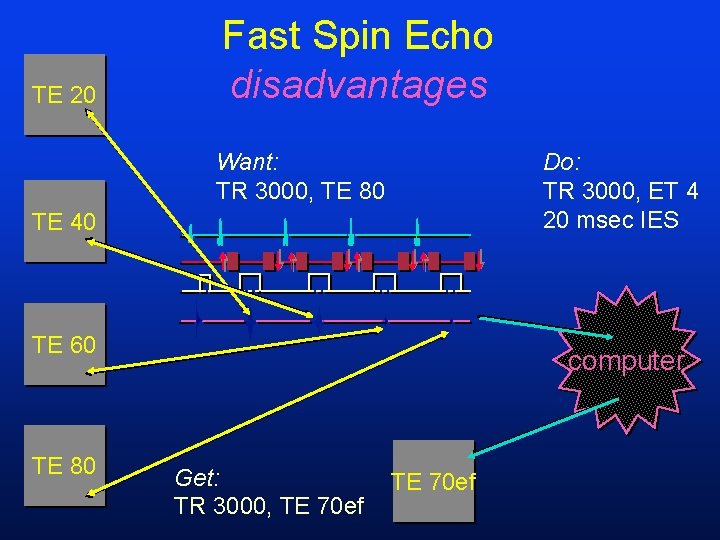 TE 20 Fast Spin Echo disadvantages Want: TR 3000, TE 80 Do: TR 3000,