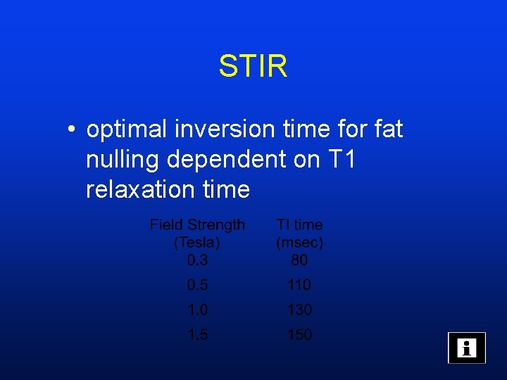 STIR • optimal inversion time for fat nulling dependent on T 1 relaxation time