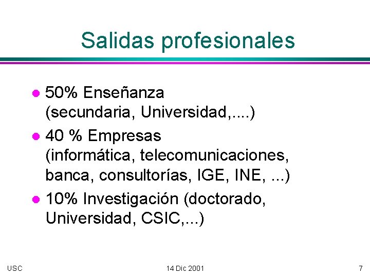 Salidas profesionales 50% Enseñanza (secundaria, Universidad, . . ) 40 % Empresas (informática, telecomunicaciones,