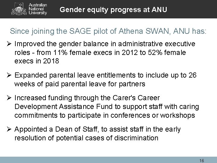 Gender equity progress at ANU Since joining the SAGE pilot of Athena SWAN, ANU Gender equity progress at ANU Since joining the SAGE pilot of Athena SWAN, ANU