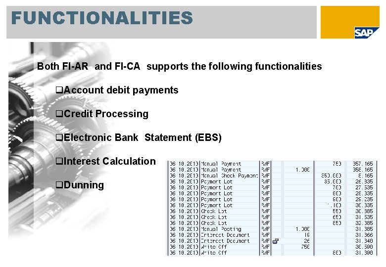 FUNCTIONALITIES Both FI-AR and FI-CA supports the following functionalities q. Account debit payments q.