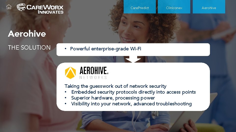 Care. Predict Cliniconex Aerohive THE SOLUTION • Powerful enterprise-grade Wi-Fi Taking the guesswork out