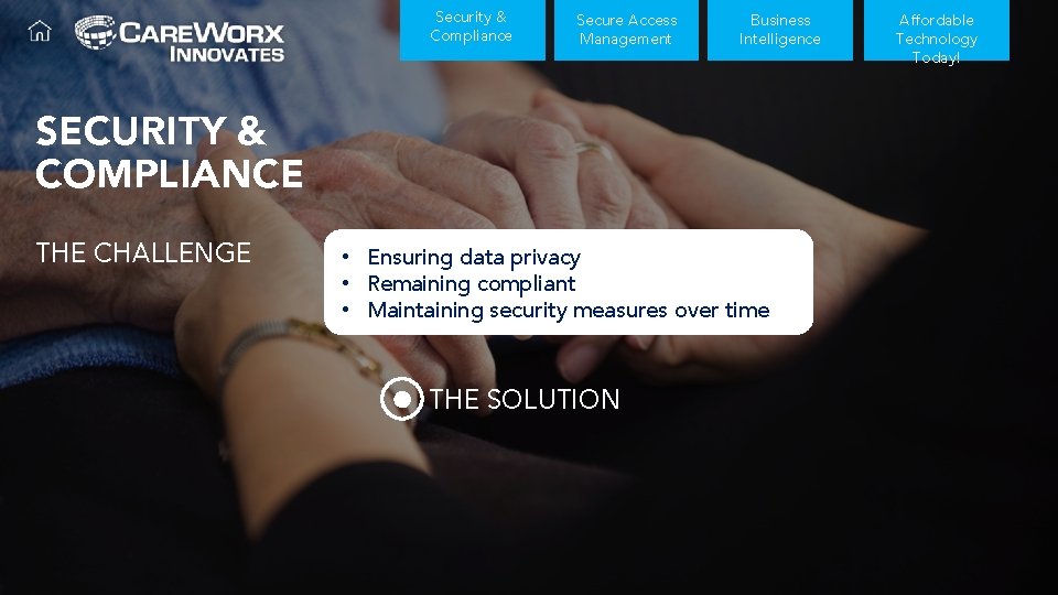 Security & Compliance Secure Access Management Business Intelligence SECURITY & COMPLIANCE THE CHALLENGE •