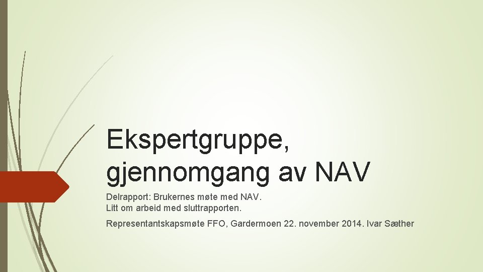 Ekspertgruppe, gjennomgang av NAV Delrapport: Brukernes møte med NAV. Litt om arbeid med sluttrapporten.