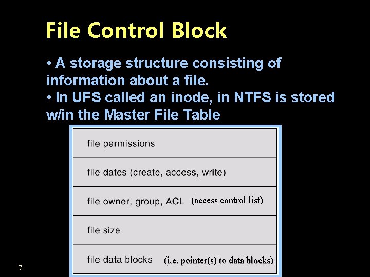 File Control Block • A storage structure consisting of information about a file. •