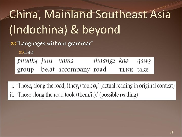 China, Mainland Southeast Asia (Indochina) & beyond “Languages without grammar” Lao 28 