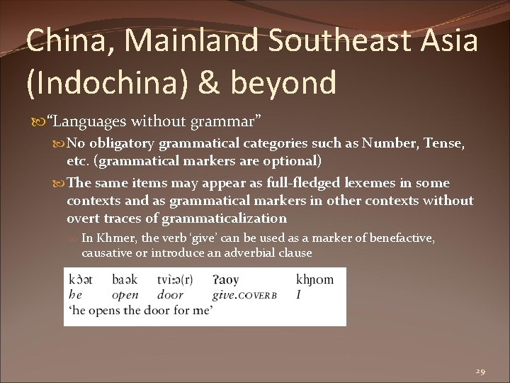 China, Mainland Southeast Asia (Indochina) & beyond “Languages without grammar” No obligatory grammatical categories