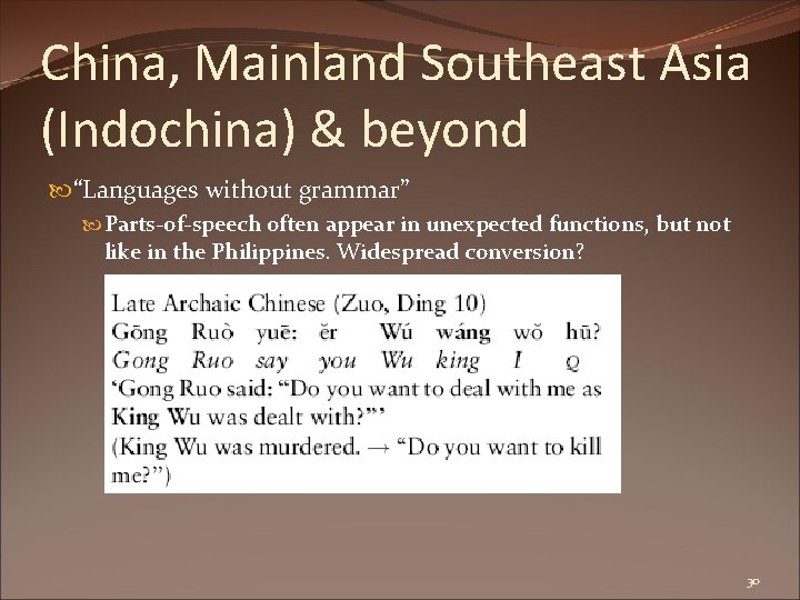 China, Mainland Southeast Asia (Indochina) & beyond “Languages without grammar” Parts-of-speech often appear in