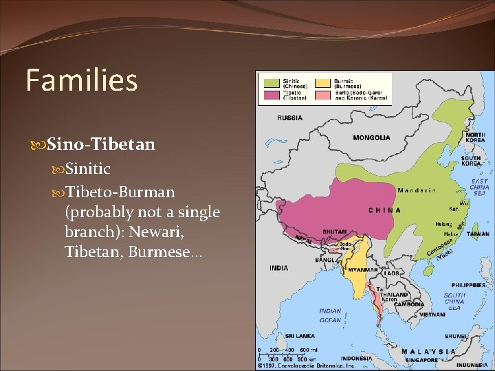 Families Sino-Tibetan Sinitic Tibeto-Burman (probably not a single branch): Newari, Tibetan, Burmese… 4 