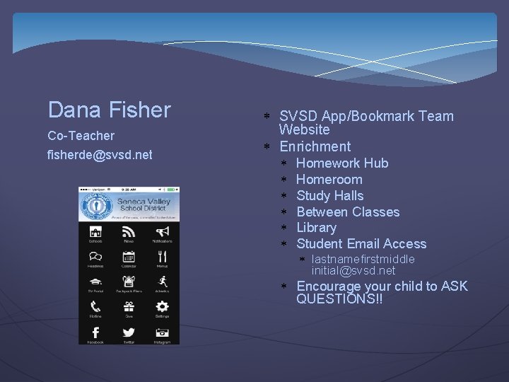 Dana Fisher Co-Teacher fisherde@svsd. net SVSD App/Bookmark Team Website Enrichment Homework Hub Homeroom Study