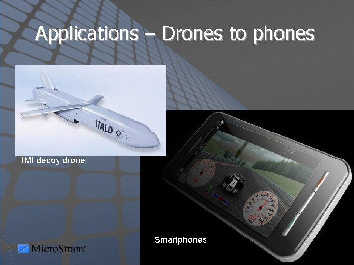 Applications – Drones to phones IMI decoy drone Smartphones © Copyright 2011 Micro. Strain