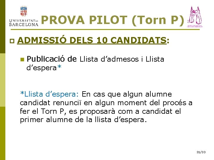 PROVA PILOT (Torn P) p ADMISSIÓ DELS 10 CANDIDATS: n Publicació de Llista d’admesos