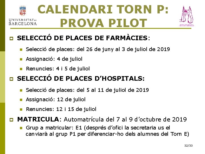 CALENDARI TORN P: PROVA PILOT p p p SELECCIÓ DE PLACES DE FARMÀCIES: n