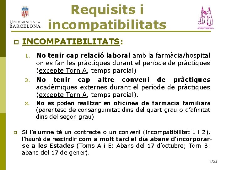 Requisits i incompatibilitats p INCOMPATIBILITATS: 1. 2. 3. p No tenir cap relació laboral