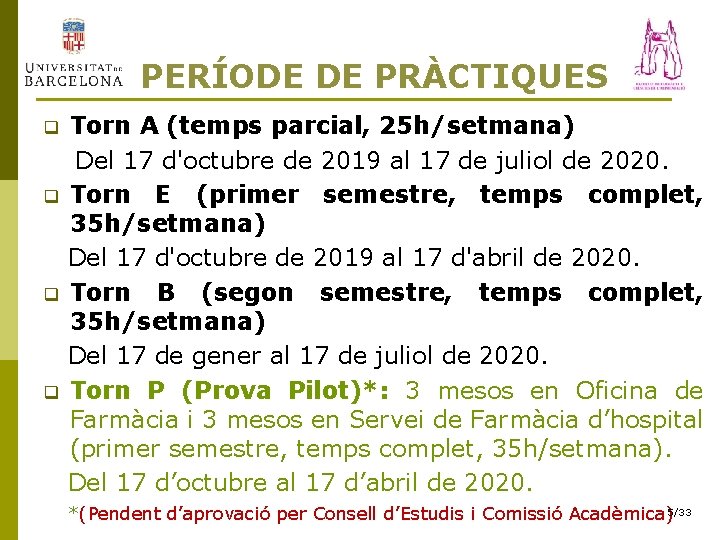 PERÍODE DE PRÀCTIQUES Torn A (temps parcial, 25 h/setmana) Del 17 d'octubre de 2019