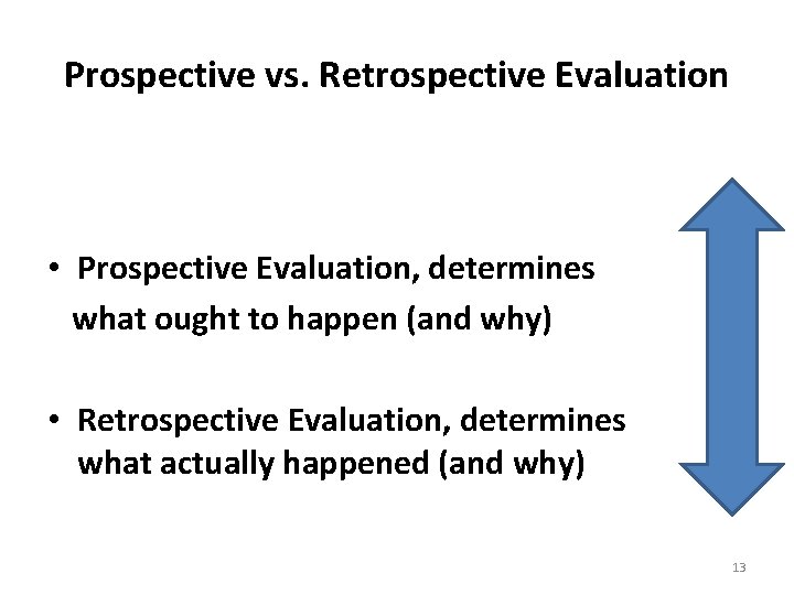 Prospective vs. Retrospective Evaluation • Prospective Evaluation, determines what ought to happen (and why)