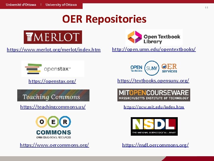 11 OER Repositories https: //www. merlot. org/merlot/index. htm http: //open. umn. edu/opentextbooks/ https: //openstax.