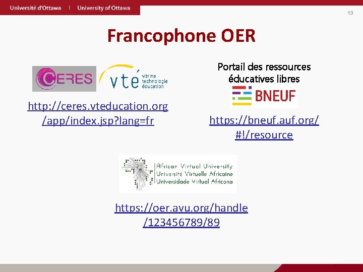 13 Francophone OER Portail des ressources éducatives libres http: //ceres. vteducation. org /app/index. jsp?