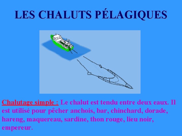 LES CHALUTS PÉLAGIQUES Chalutage simple : Le chalut est tendu entre deux eaux. Il LES CHALUTS PÉLAGIQUES Chalutage simple : Le chalut est tendu entre deux eaux. Il