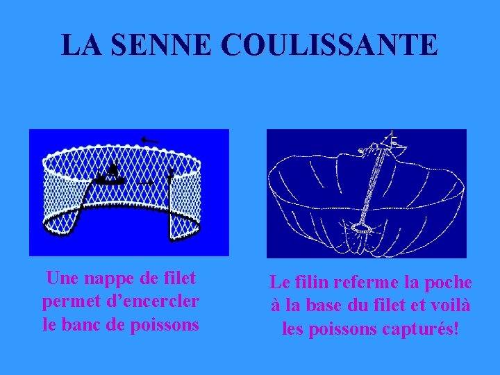 LA SENNE COULISSANTE Une nappe de filet Le filin referme la poche permet d’encercler LA SENNE COULISSANTE Une nappe de filet Le filin referme la poche permet d’encercler