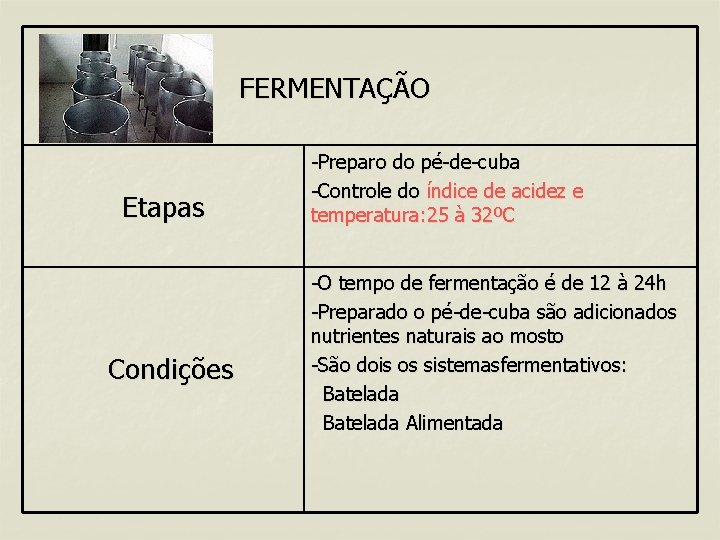 FERMENTAÇÃO Etapas Condições -Preparo do pé-de-cuba -Controle do índice de acidez e temperatura: 25