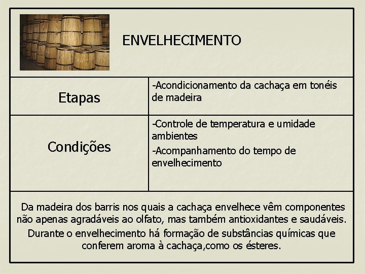 ENVELHECIMENTO Etapas Condições -Acondicionamento da cachaça em tonéis de madeira -Controle de temperatura e