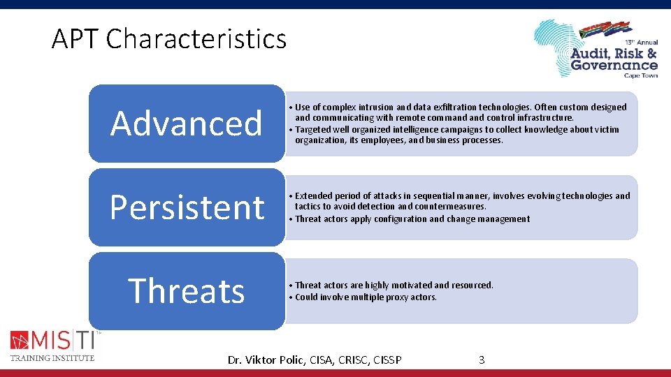 APT Characteristics Advanced • Use of complex intrusion and data exfiltration technologies. Often custom APT Characteristics Advanced • Use of complex intrusion and data exfiltration technologies. Often custom