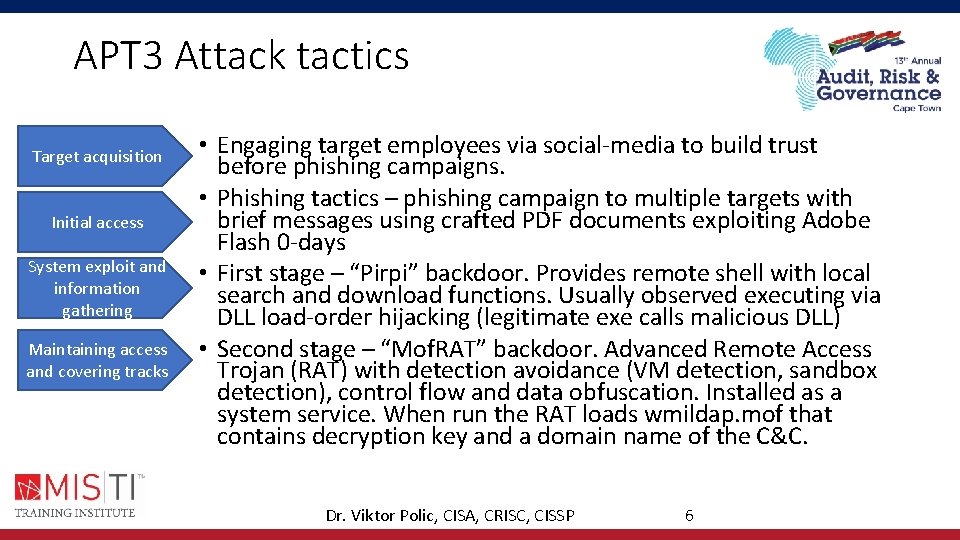 APT 3 Attack tactics Target acquisition Initial access System exploit and information gathering Maintaining APT 3 Attack tactics Target acquisition Initial access System exploit and information gathering Maintaining