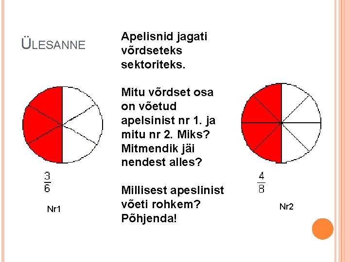 ÜLESANNE Apelisnid jagati võrdseteks sektoriteks. Mitu võrdset osa on võetud apelsinist nr 1. ja