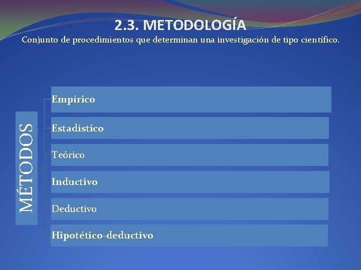 2. 3. METODOLOGÍA Conjunto de procedimientos que determinan una investigación de tipo científico. MÉTODOS