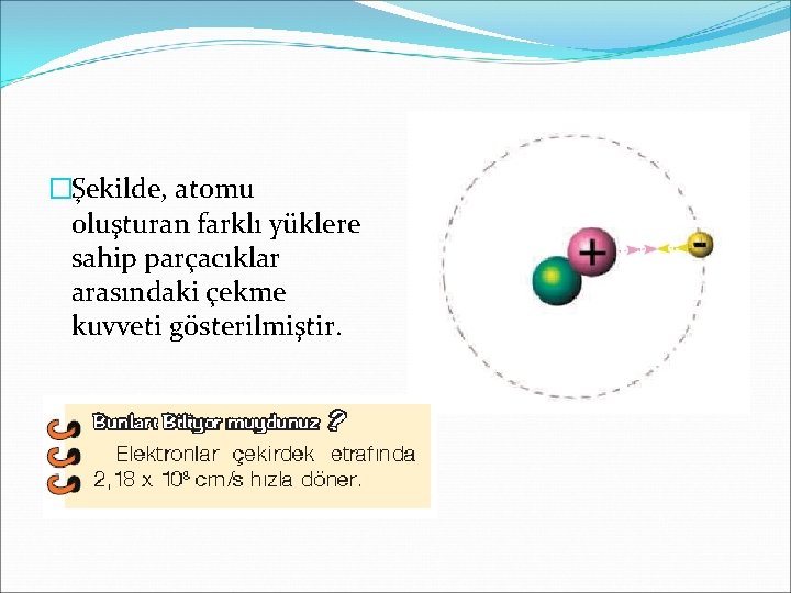 �Şekilde, atomu oluşturan farklı yüklere sahip parçacıklar arasındaki çekme kuvveti gösterilmiştir. 