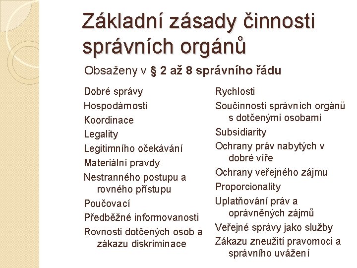 Základní zásady činnosti správních orgánů Obsaženy v § 2 až 8 správního řádu Dobré