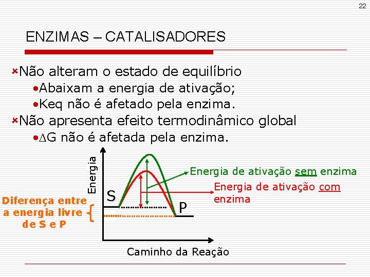 22 ENZIMAS – CATALISADORES Energia ûNão alteram o estado de equilíbrio • Abaixam a