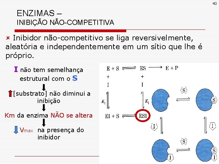 40 ENZIMAS – INIBIÇÃO NÃO-COMPETITIVA û Inibidor não-competitivo se liga reversivelmente, aleatória e independentemente