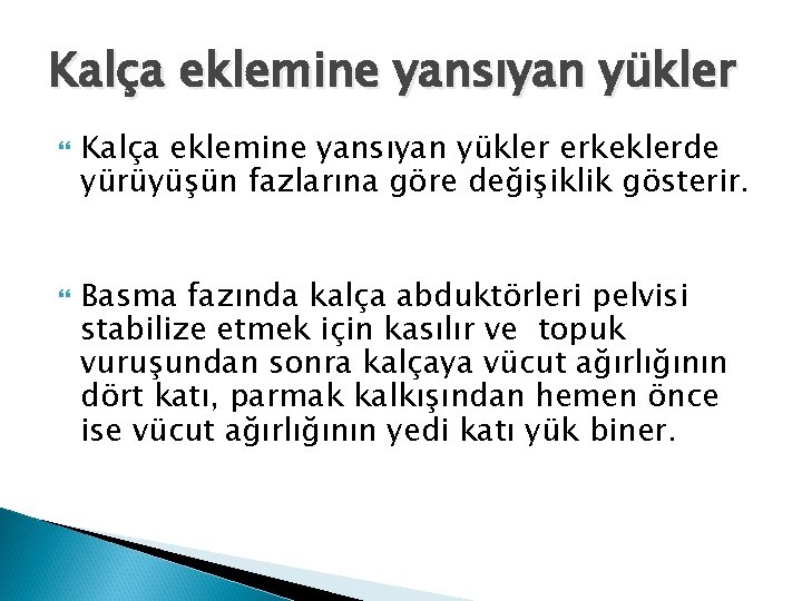 Kalça eklemine yansıyan yükler erkeklerde yürüyüşün fazlarına göre değişiklik gösterir. Basma fazında kalça abduktörleri