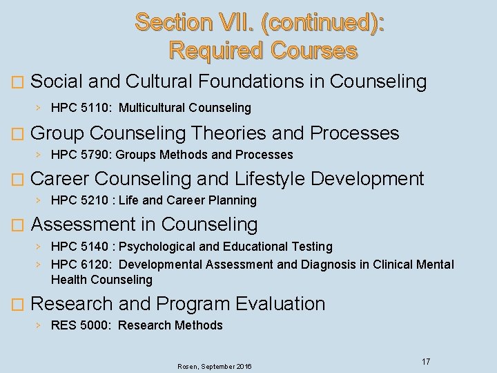 Section VII. (continued): Required Courses � Social and Cultural Foundations in Counseling › HPC