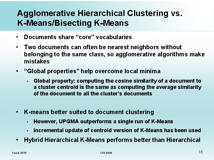 Agglomerative Hierarchical Clustering vs. K-Means/Bisecting K-Means • Documents share “core” vocabularies • Two documents