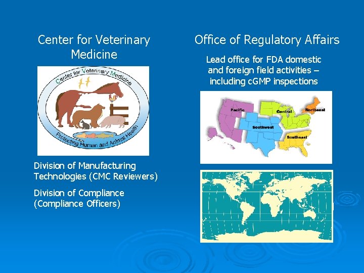 Center for Veterinary Medicine Division of Manufacturing Technologies (CMC Reviewers) Division of Compliance (Compliance