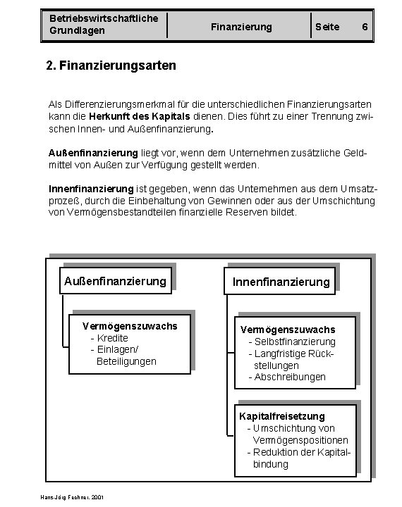 Betriebswirtschaftliche Grundlagen Finanzierung Seite 6 2. Finanzierungsarten Als Differenzierungsmerkmal für die unterschiedlichen Finanzierungsarten kann