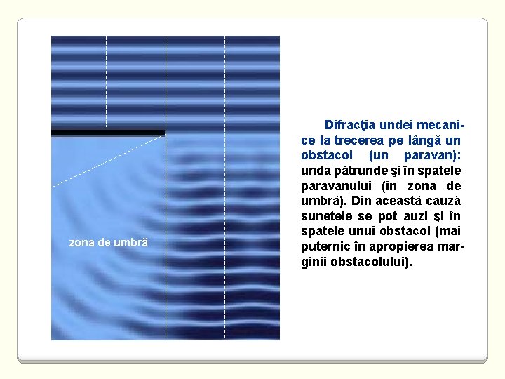 zona de umbră Difracţia undei mecanice la trecerea pe lângă un obstacol (un paravan):