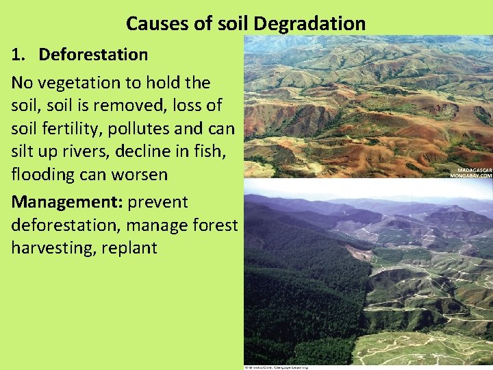Causes of soil Degradation 1. Deforestation No vegetation to hold the soil, soil is
