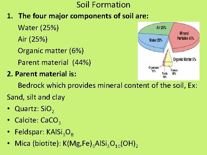 Soil Formation 1. The four major components of soil are: Water (25%) Air (25%)