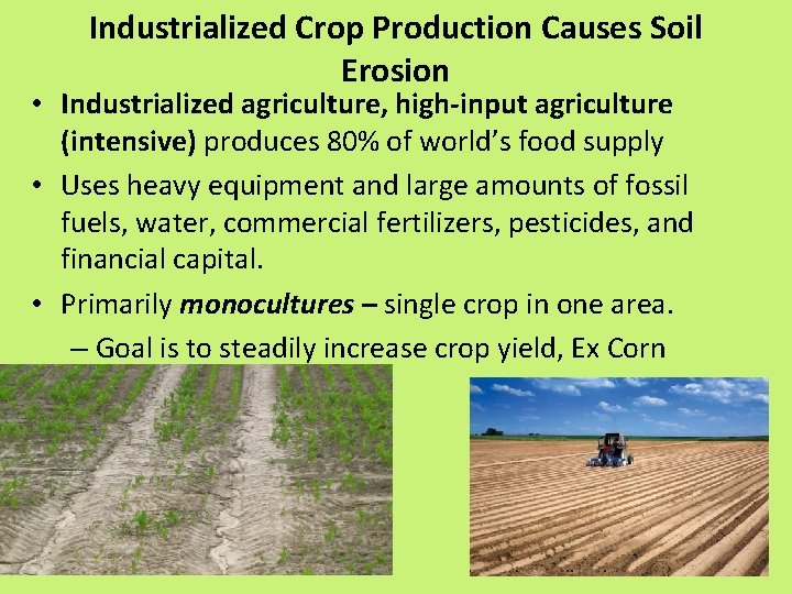 Industrialized Crop Production Causes Soil Erosion • Industrialized agriculture, high-input agriculture (intensive) produces 80%