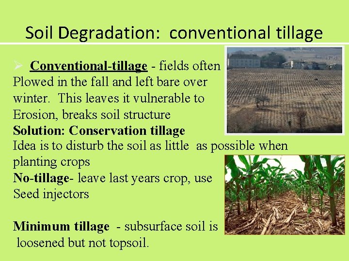 Soil Degradation: conventional tillage Ø Conventional-tillage - fields often Plowed in the fall and