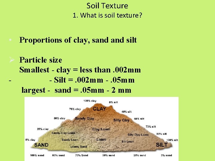 Soil Texture 1. What is soil texture? • Proportions of clay, sand silt Ø